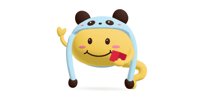 Maskot HuaTalk dengan panda hood menyapa sambil membawa buku Mandarin.